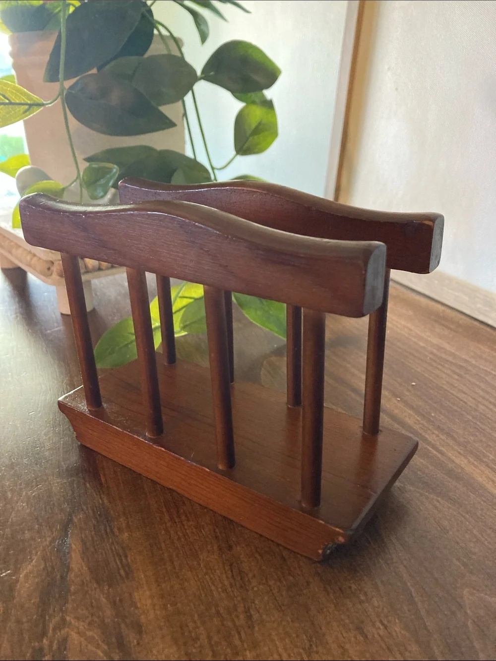 Vintage Wooden Napkin Holder in Warm Brown, Letter Holder, Cottagecore